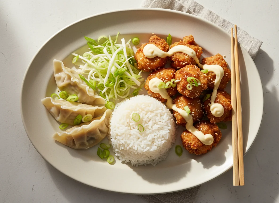 Gyoza und knuspriges Hähnchen mit Reis photo