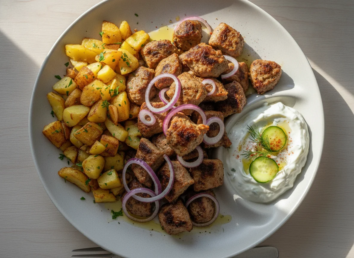 Gyros Teller mit Bratkartoffeln und Tzatziki photo