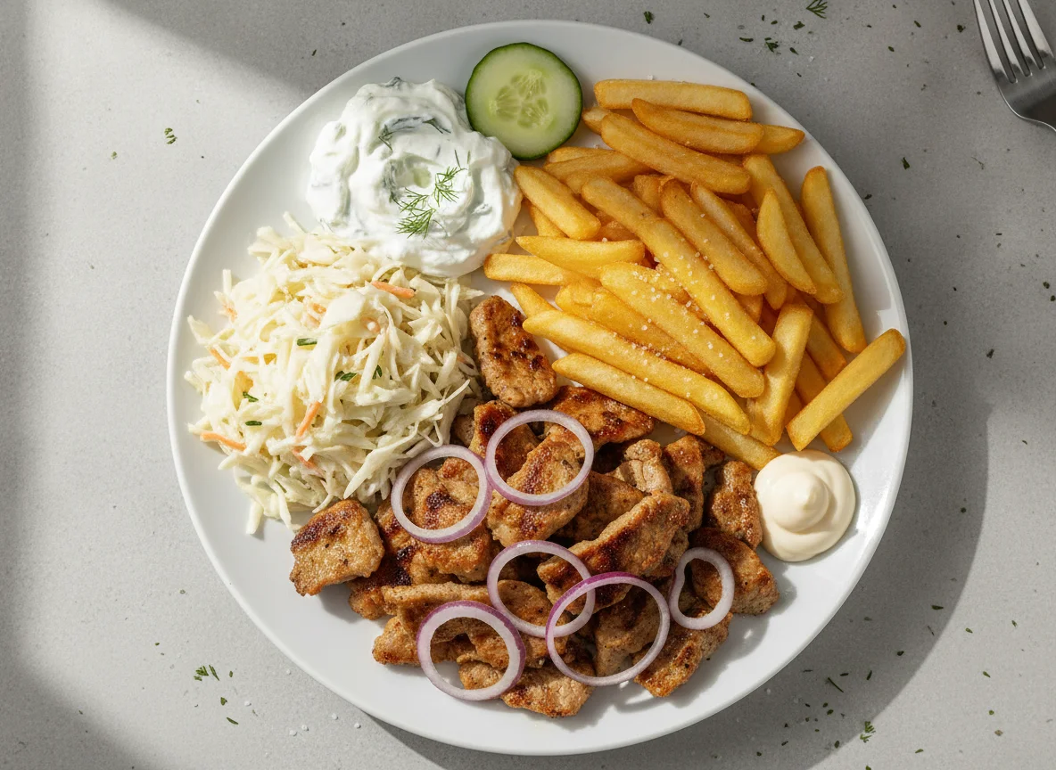 Gyros Teller mit Pommes, Krautsalat und Tzatziki photo