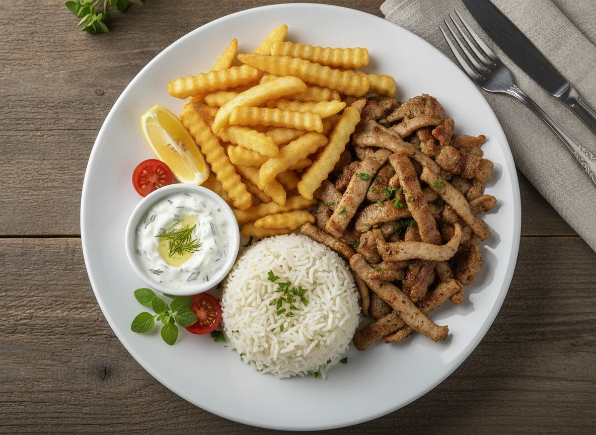 Gyros Teller mit Pommes, Reis und Tzatziki photo
