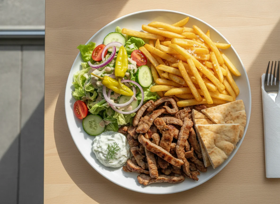 Gyros Teller mit Pommes und Salat photo