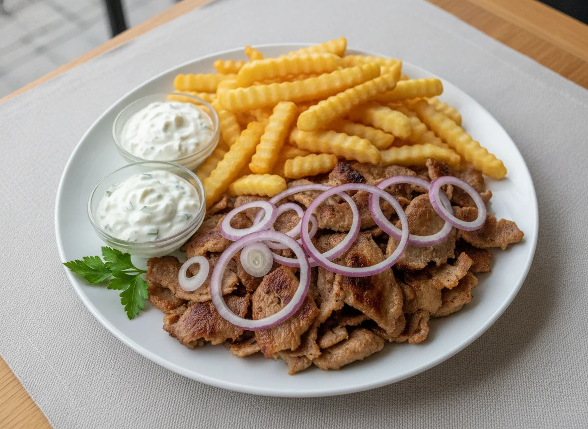 Gyros Teller mit Pommes und Zwiebeln photo