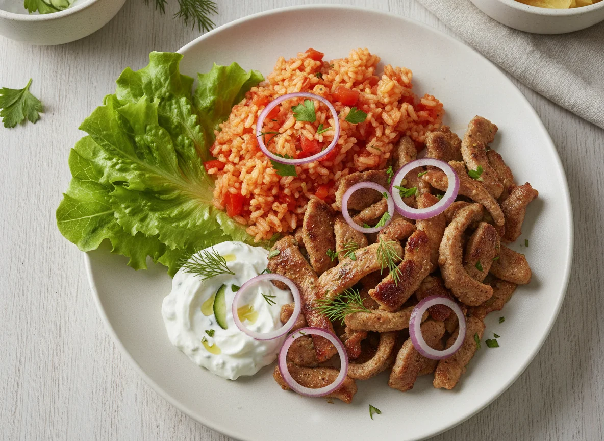 Gyros Teller mit Tomatenreis und Tzatziki photo