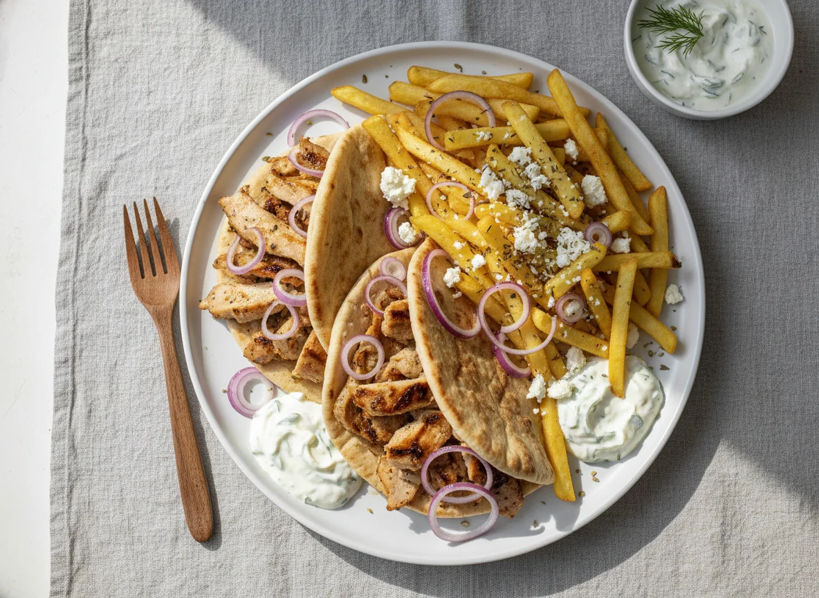 Gyros-Pita und Pommes mit Feta photo