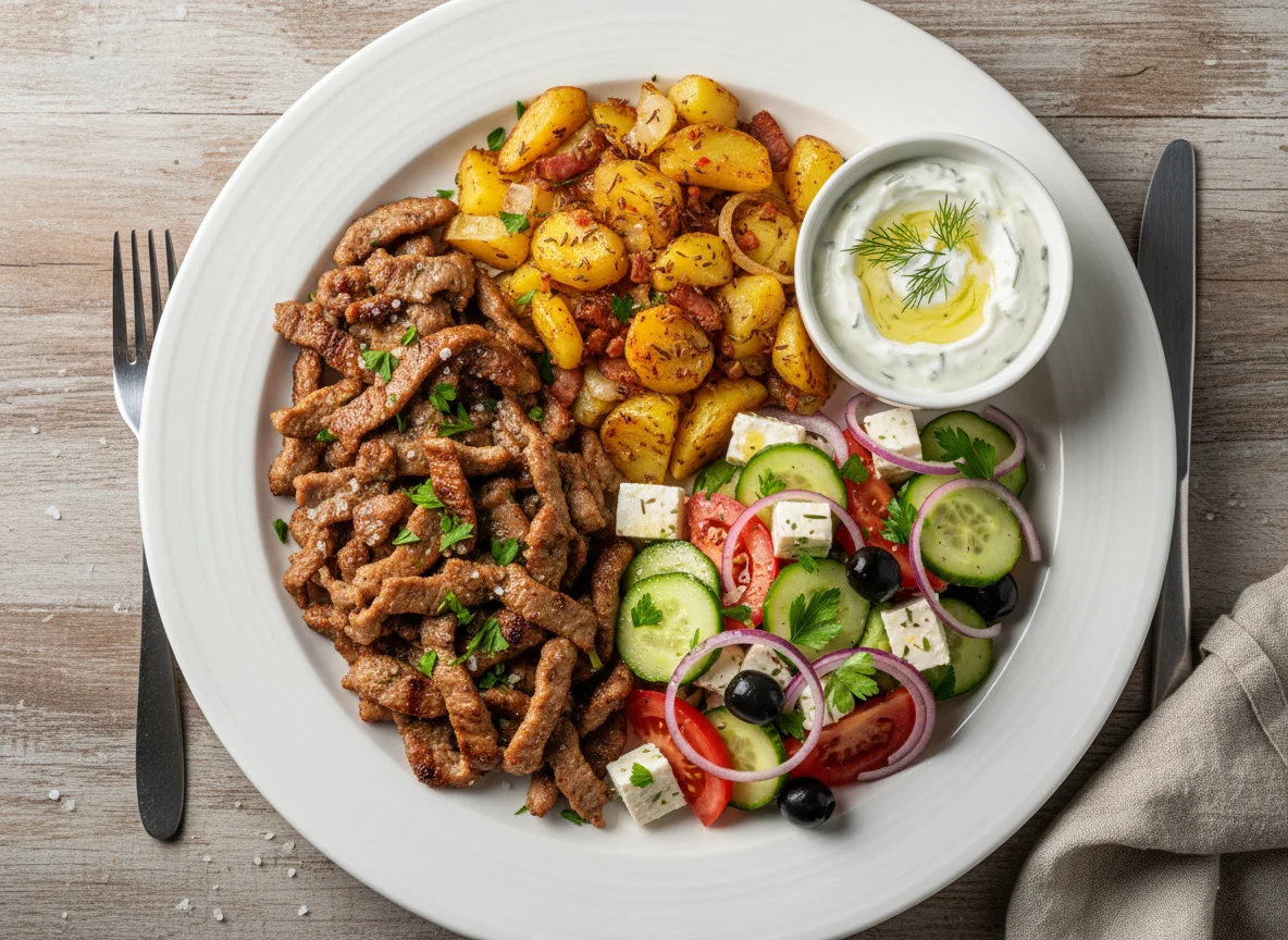 Gyros-Teller mit Bratkartoffeln, Tzatziki und Bauernsalat photo