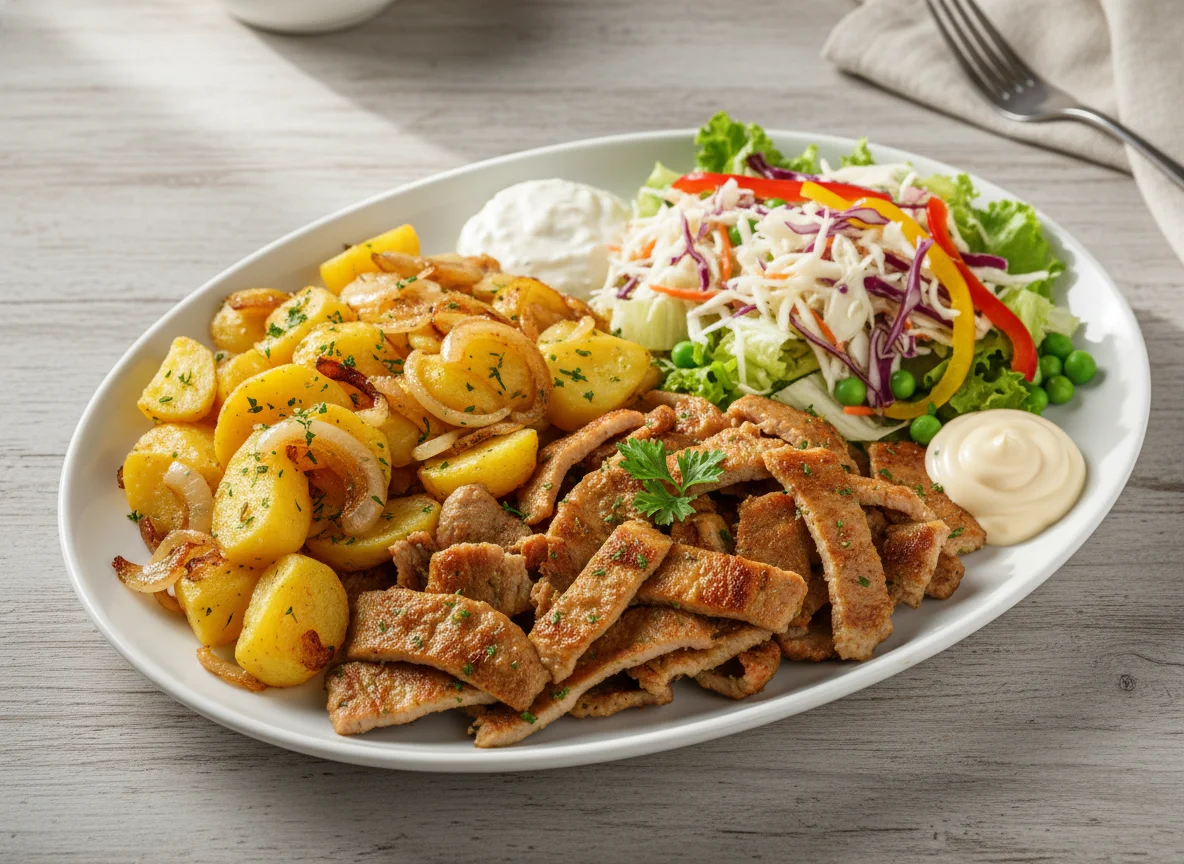 Gyros-Teller mit Bratkartoffeln und Salat photo