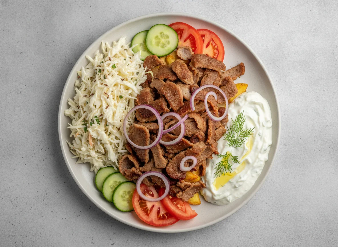 Gyros-Teller mit Krautsalat und Tzatziki photo