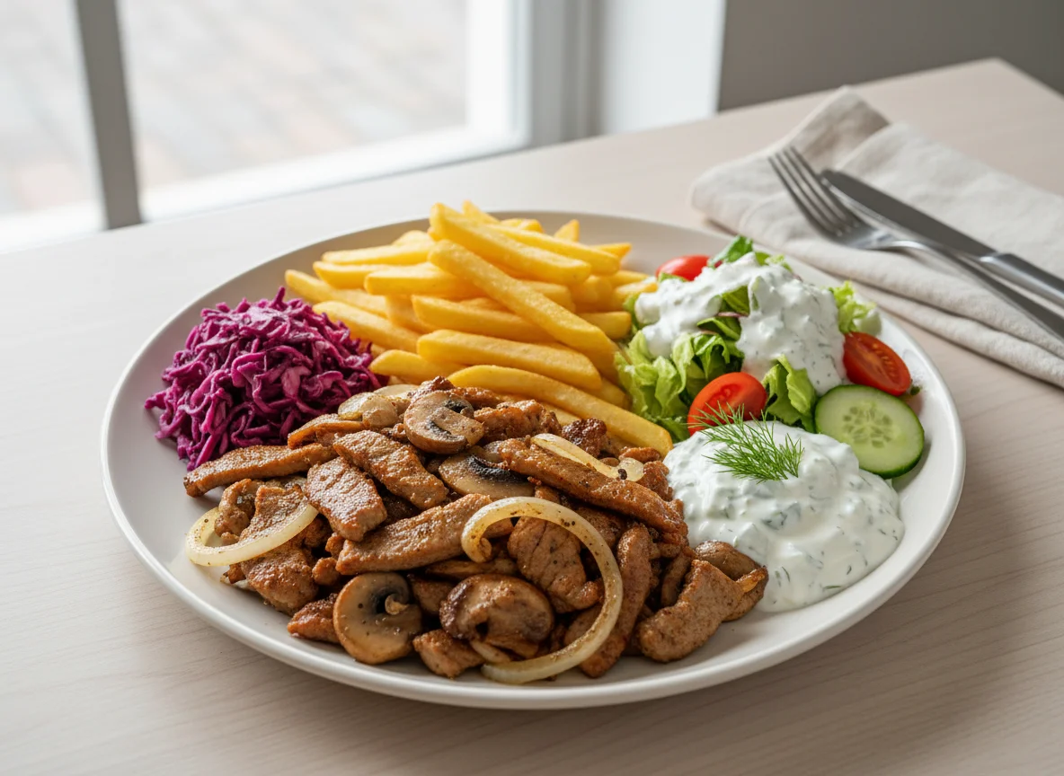 Gyros-Teller mit Pommes und Salat photo