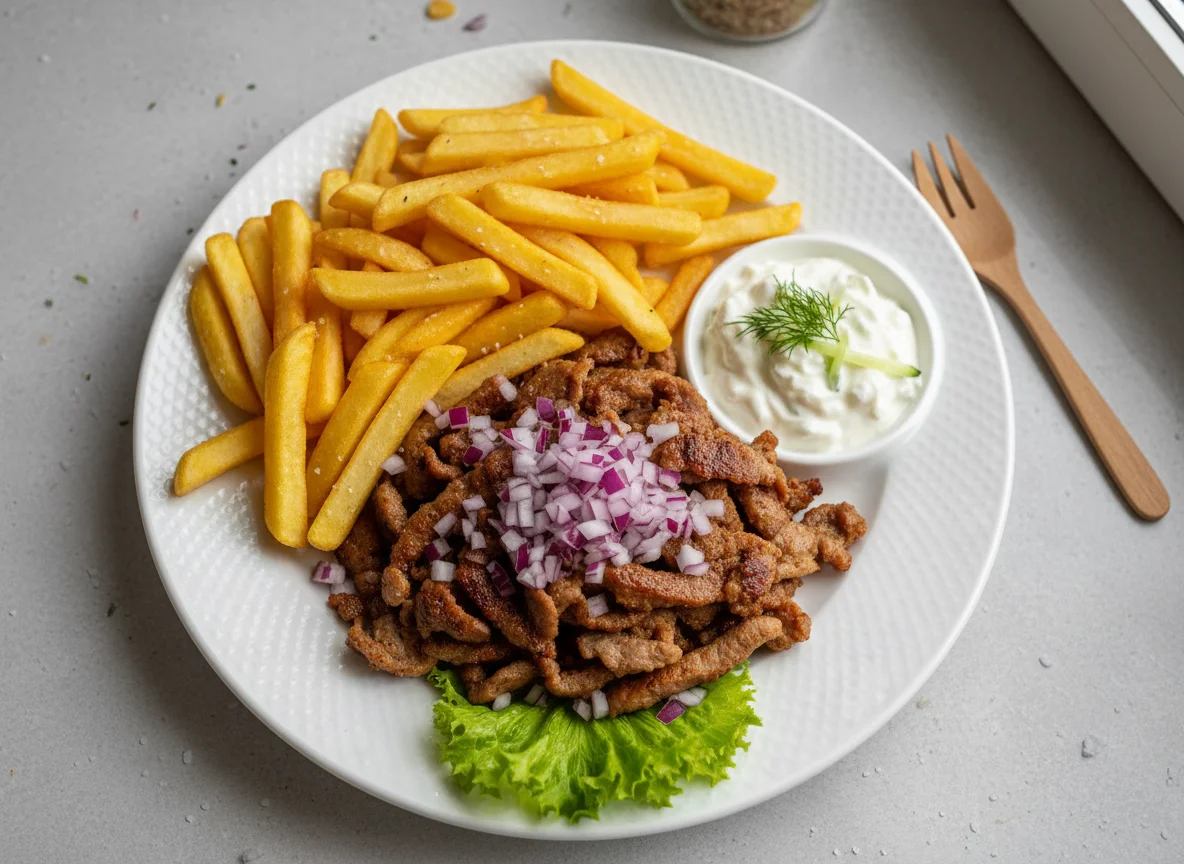 Gyros-Teller mit Pommes und Tzatziki photo