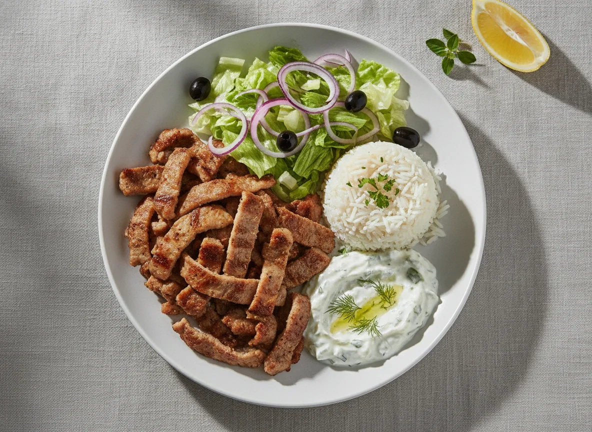 Gyros-Teller mit Reis und Tzatziki photo