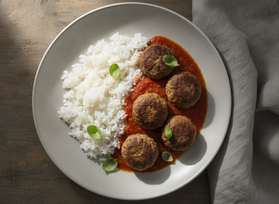 Hackbällchen mit Reis und Tomatensauce photo