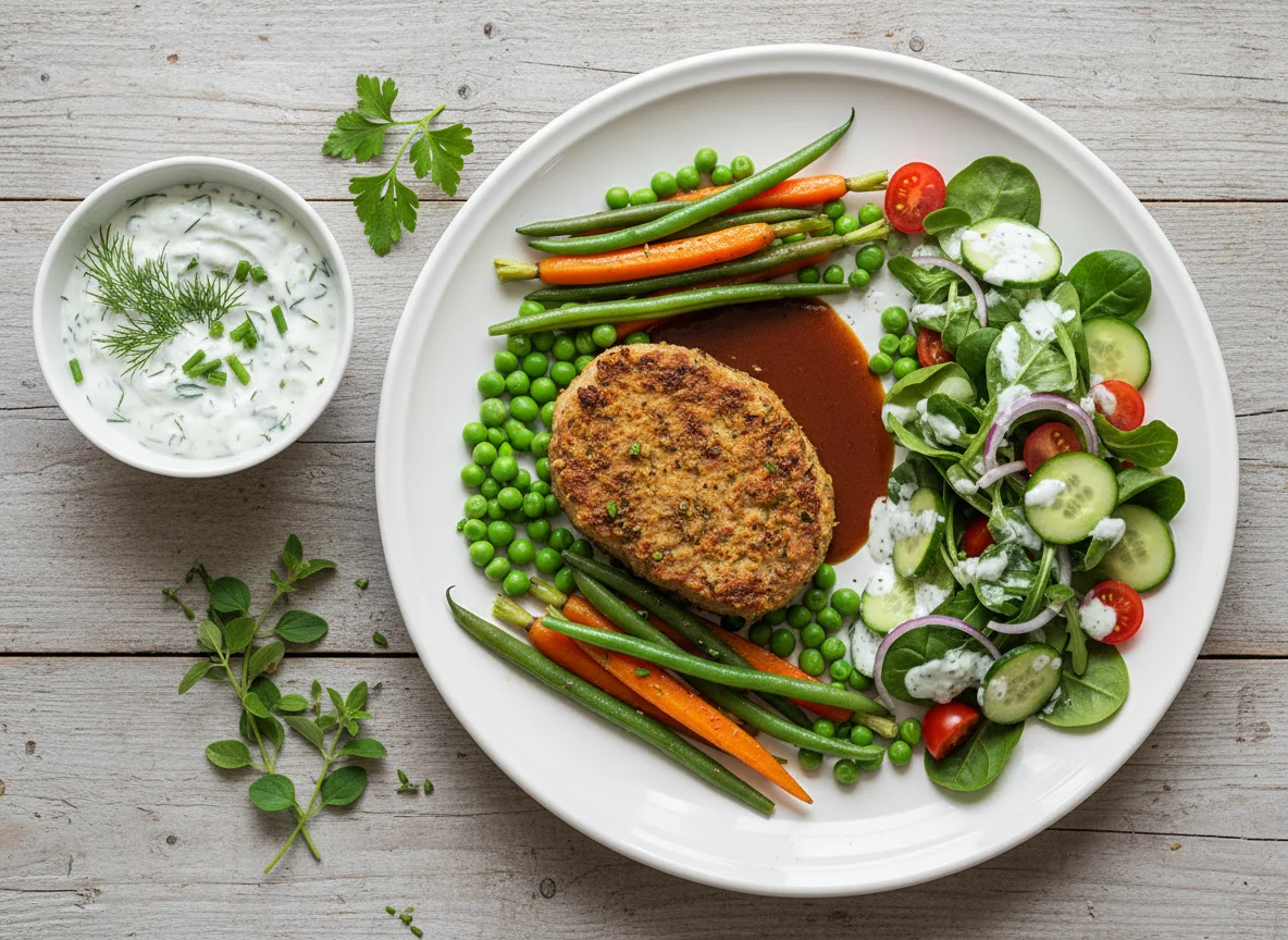 Hackbraten mit Gemüse und Salat photo