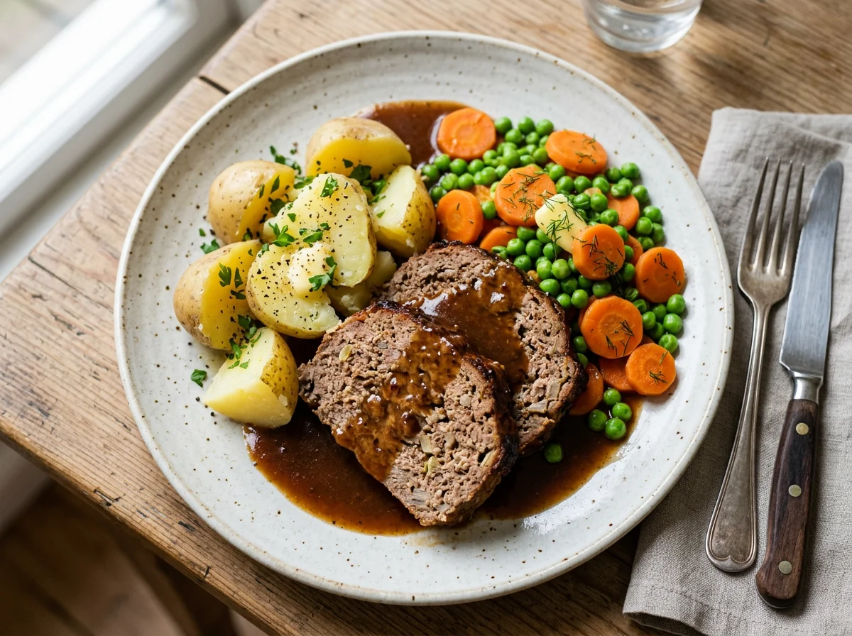 Hackbraten mit Kartoffeln, Erbsen, Karotten und Bratensoße photo