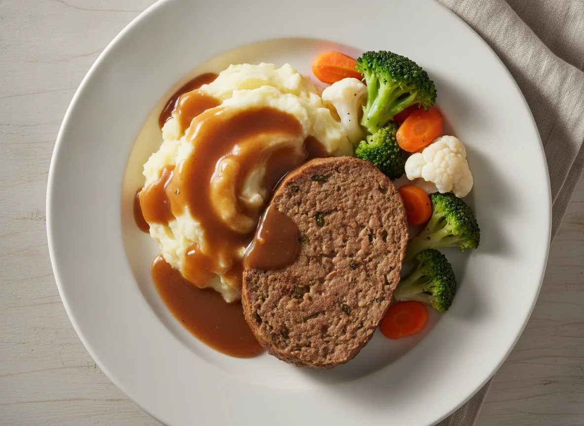 Hackbraten mit Kartoffelpüree, Gemüse und Bratensoße photo