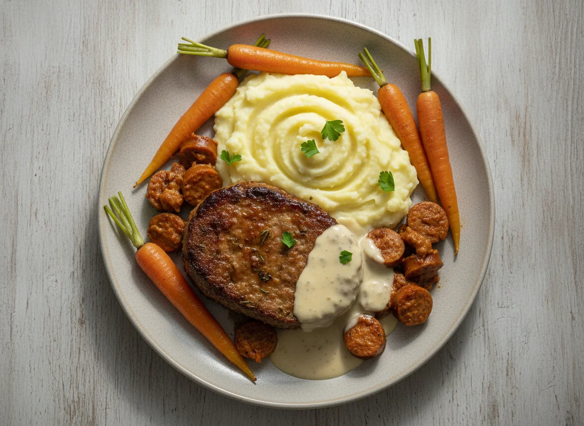 Hackbraten mit Kartoffelpüree, Karotten und Sauce photo