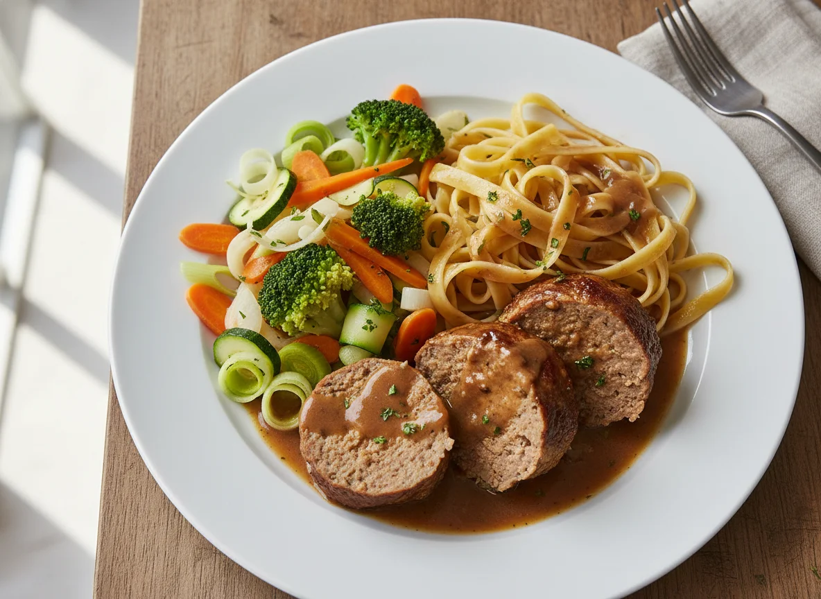 Hackbraten mit Nudeln und Gemüse photo