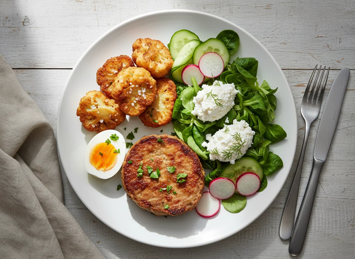Hackbraten mit Salat und Blumenkohl photo