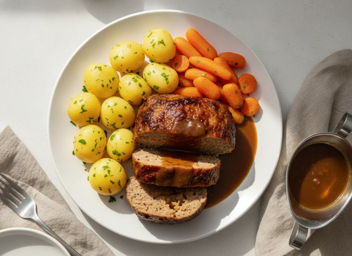 Hackbraten mit Salzkartoffeln, Karotten und Bratensoße photo
