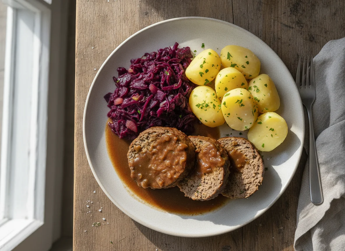 Hackbraten mit Salzkartoffeln, Rotkohl und Bratensoße photo