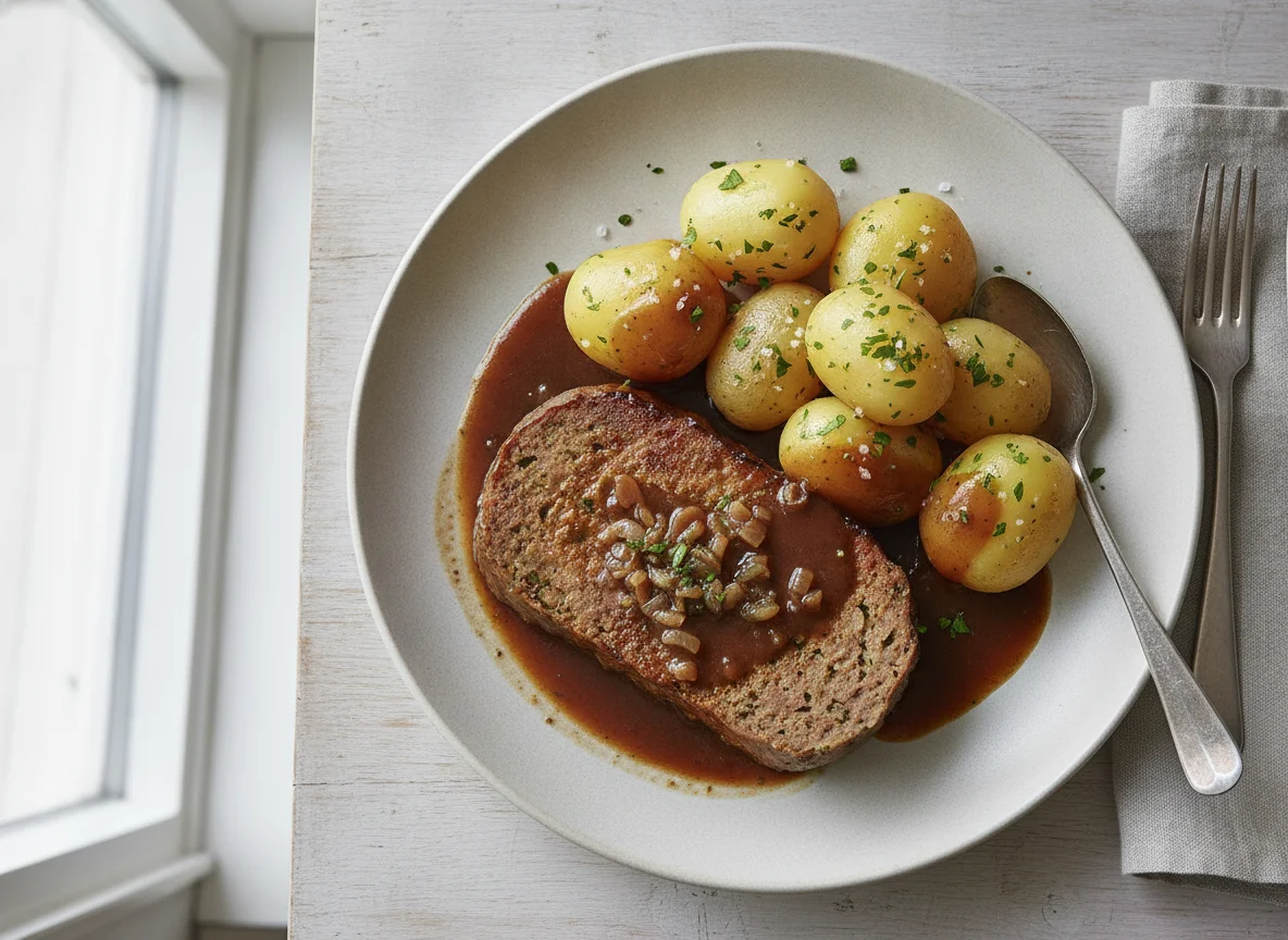 Hackbraten mit Salzkartoffeln und Bratensoße photo