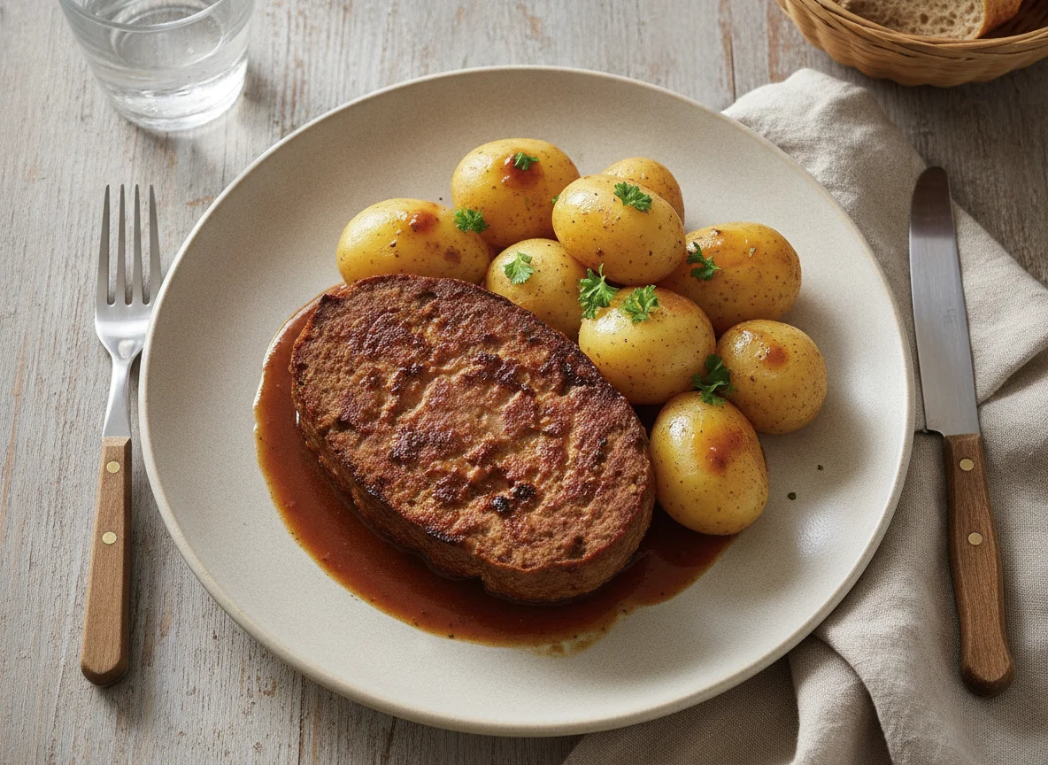 Hackbraten mit Salzkartoffeln und Soße photo