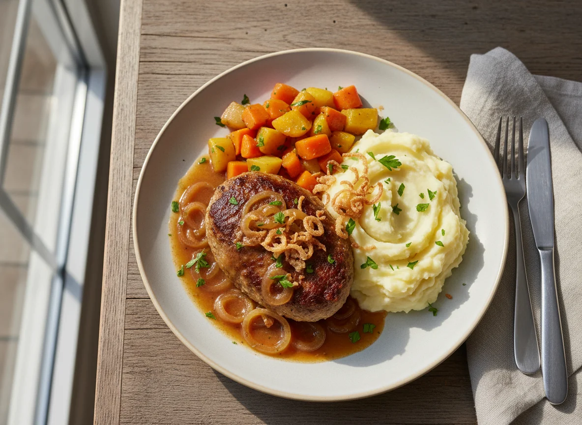 Hackbraten mit Zwiebelsauce, Kartoffelpüree und Gemüse photo