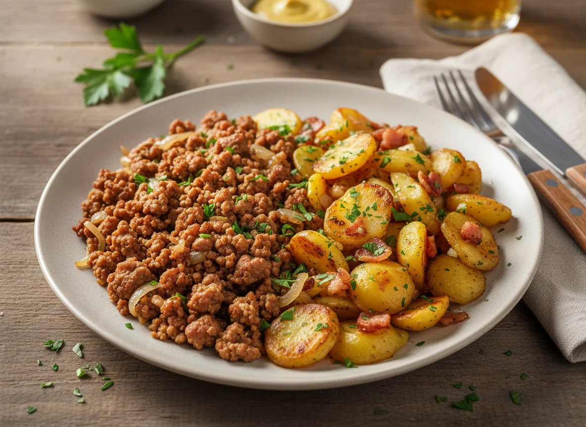 Hackfleisch mit Bratkartoffeln photo