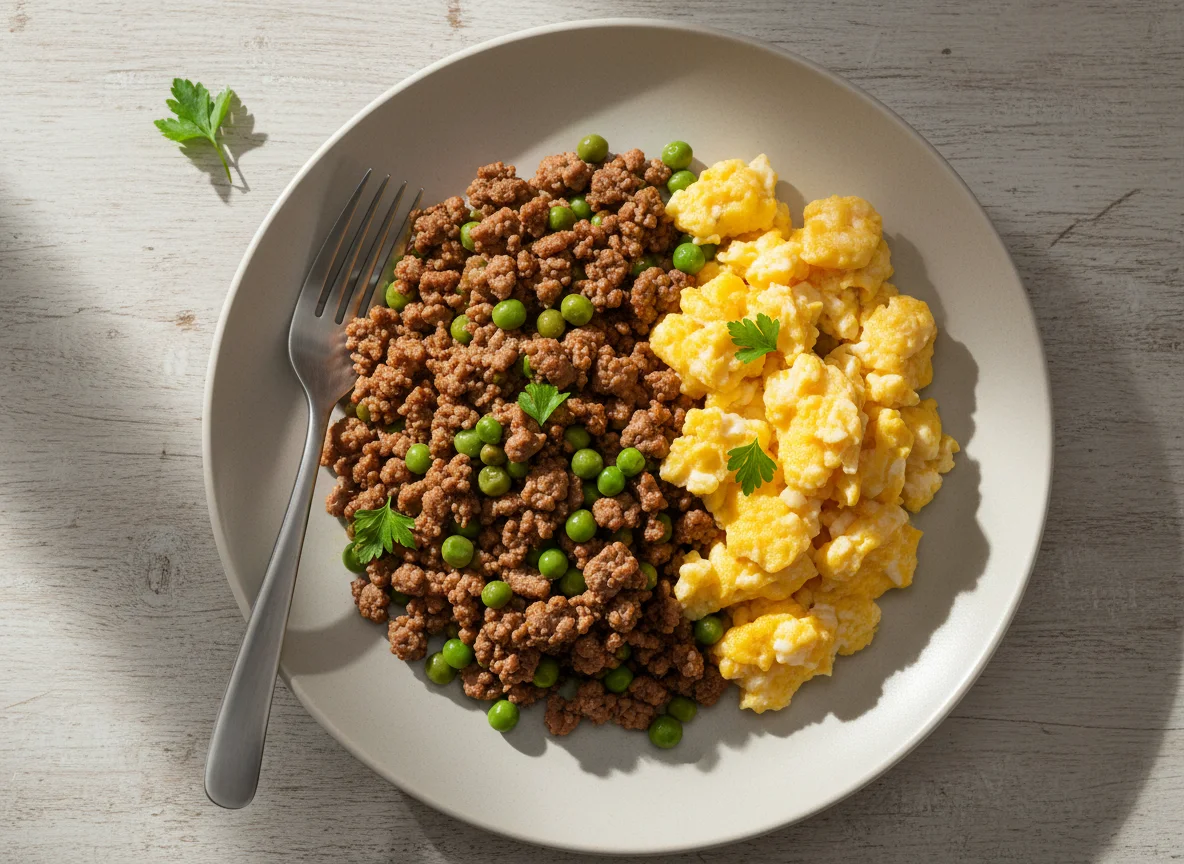 Hackfleisch mit Erbsen und Rührei photo