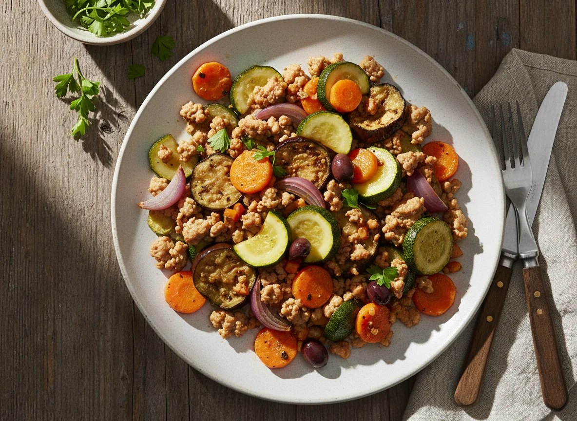 Hackfleisch mit gebratenem Gemüse photo