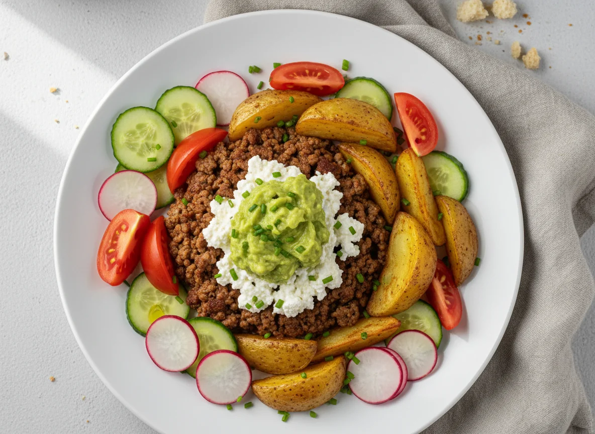 Hackfleisch mit Guacamole, Hüttenkäse und Ofenkartoffeln photo
