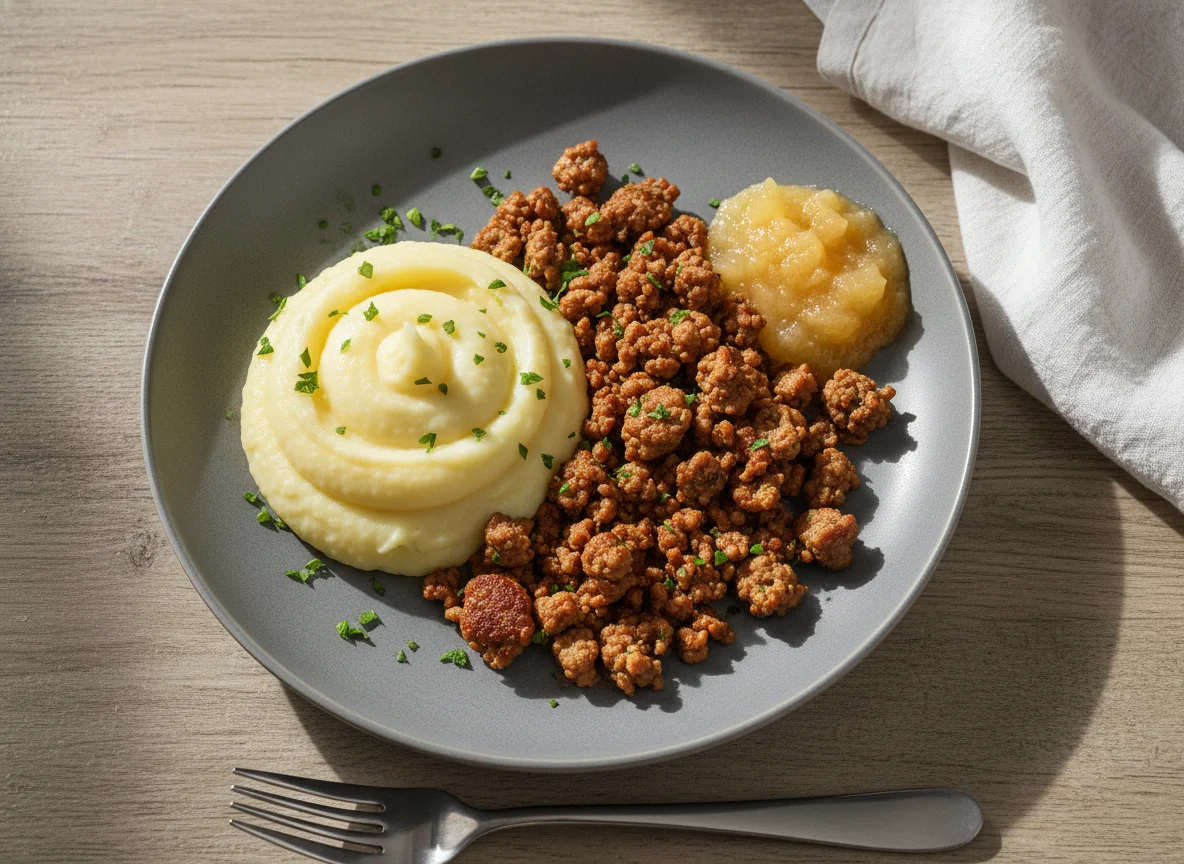 Hackfleisch mit Kartoffelpüree und Apfelmus photo