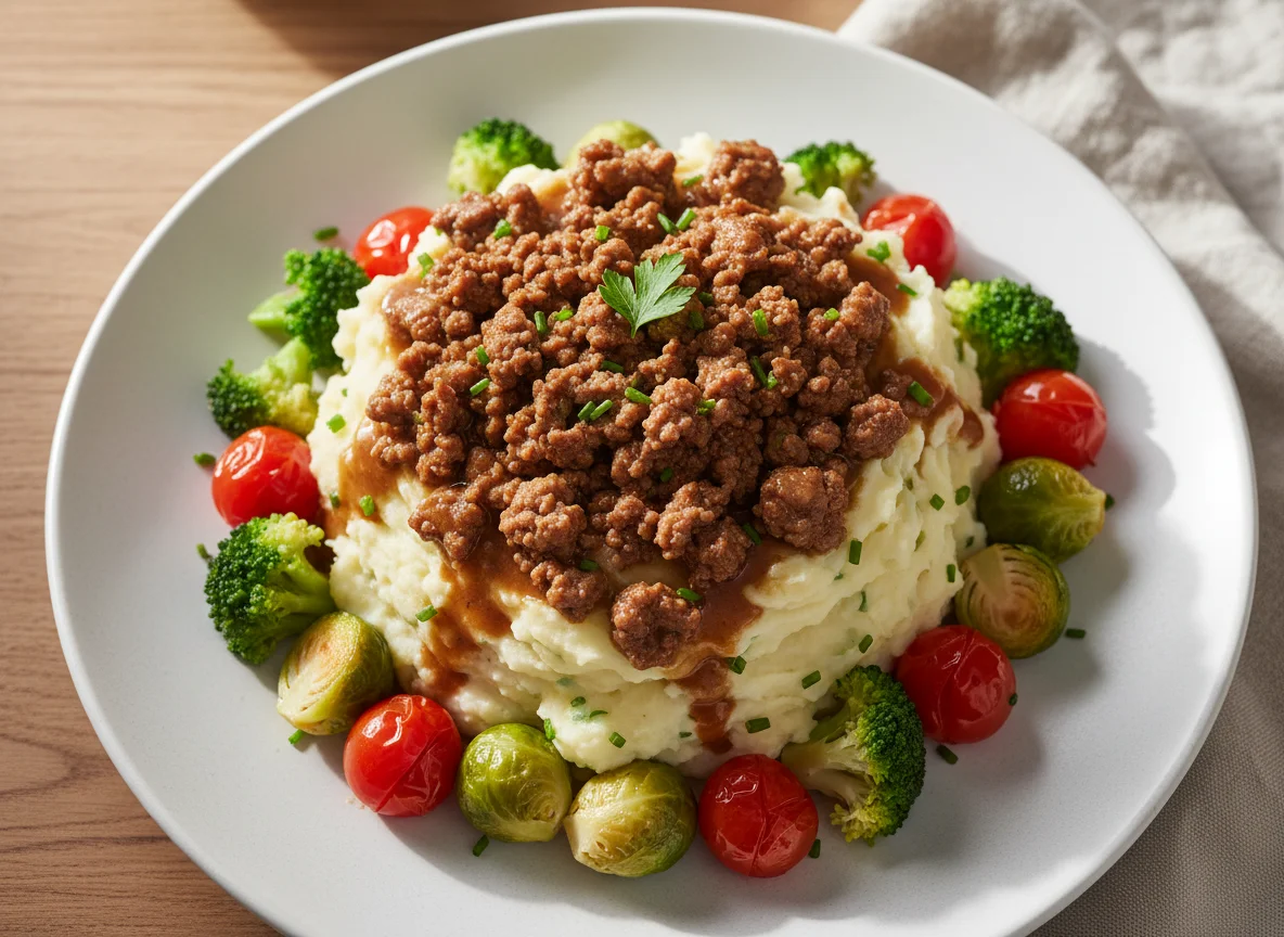 Hackfleisch mit Kartoffelstock und Gemüse photo