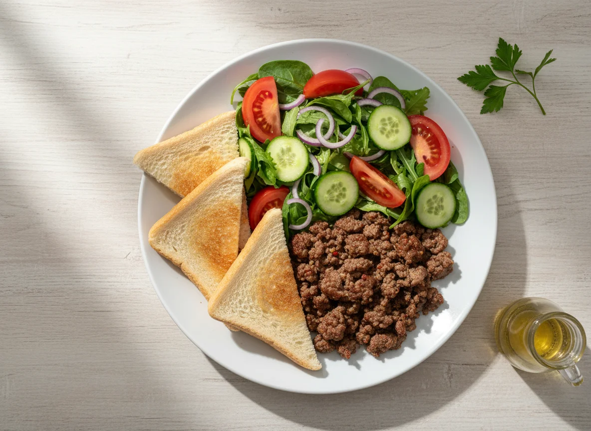 Hackfleisch mit Salat und Toast photo