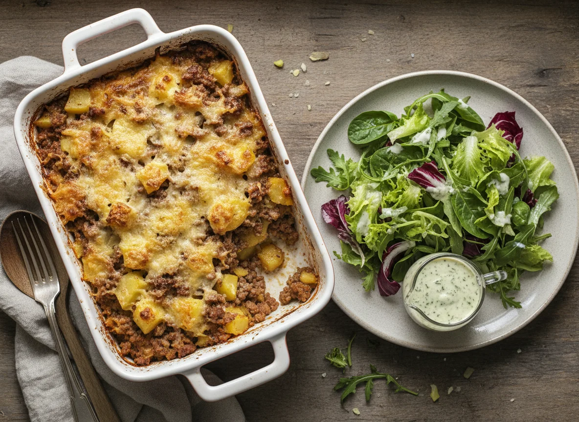 Hackfleisch-Auflauf mit Beilagensalat photo