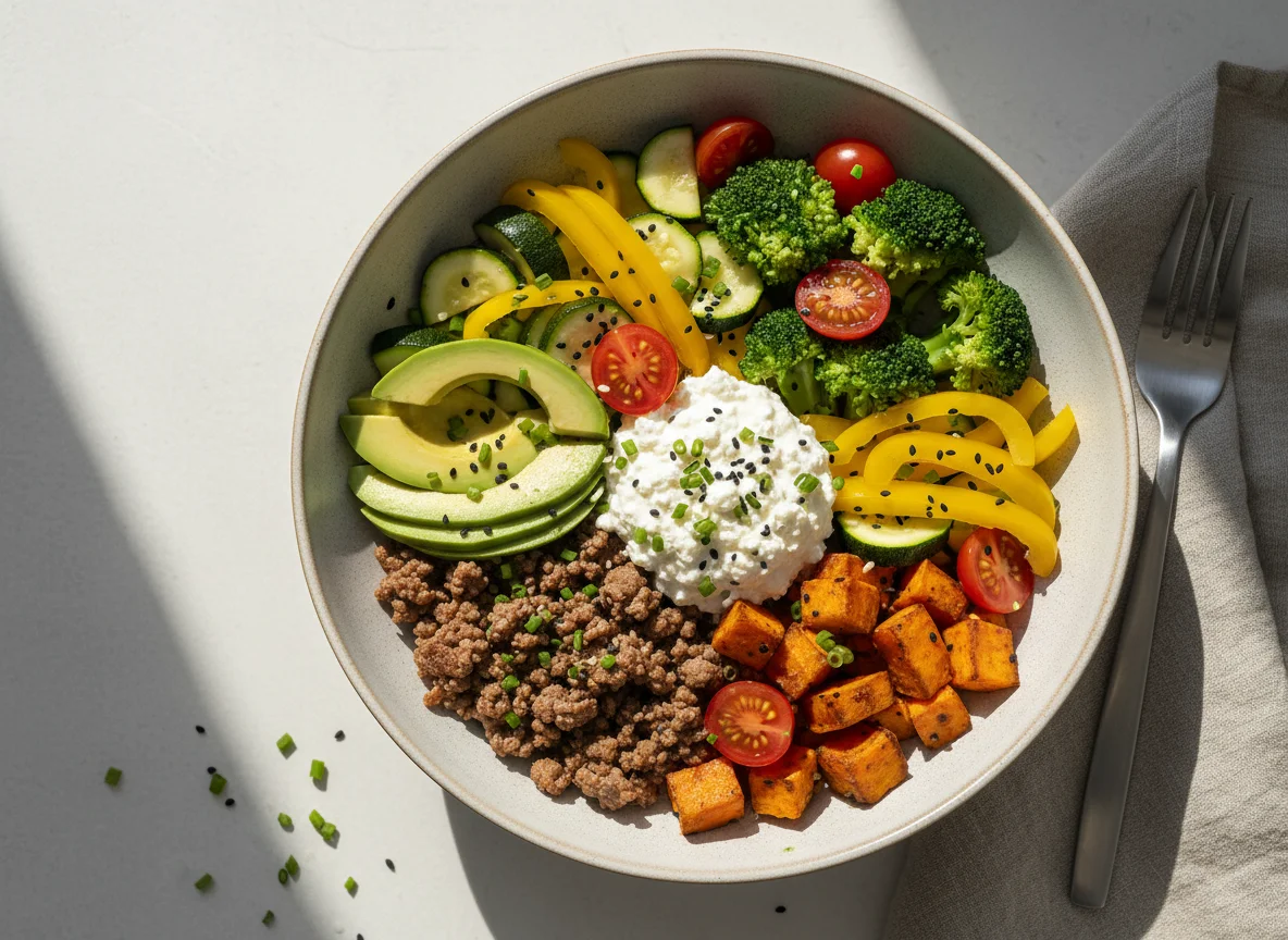 Hackfleisch-Bowl mit Süßkartoffeln und Gemüse photo