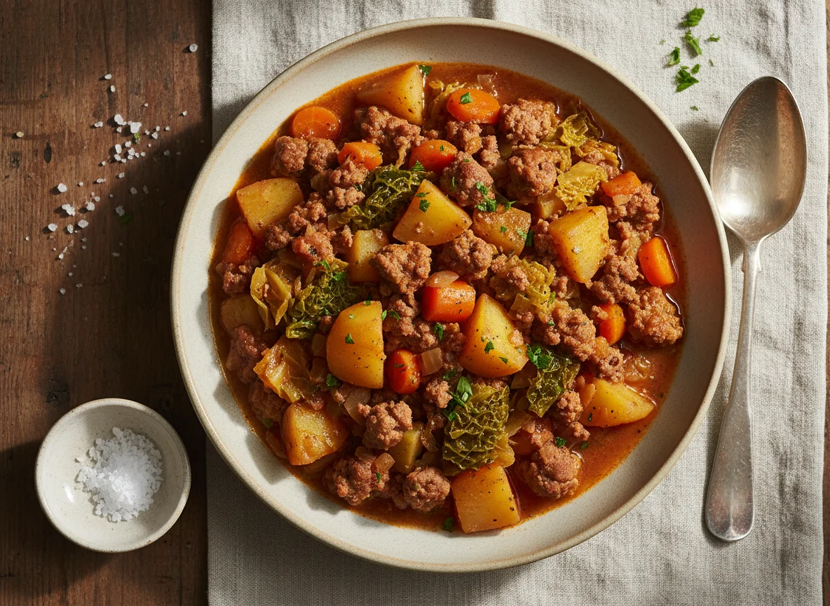 Hackfleisch-Eintopf mit Kartoffeln und Gemüse photo
