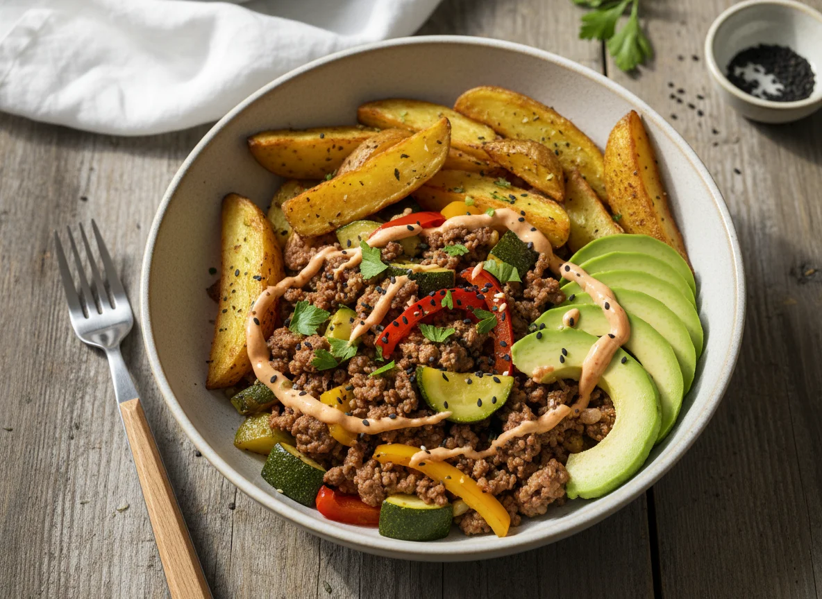 Hackfleisch-Gemüse-Bowl mit Kartoffelspalten und Avocado photo