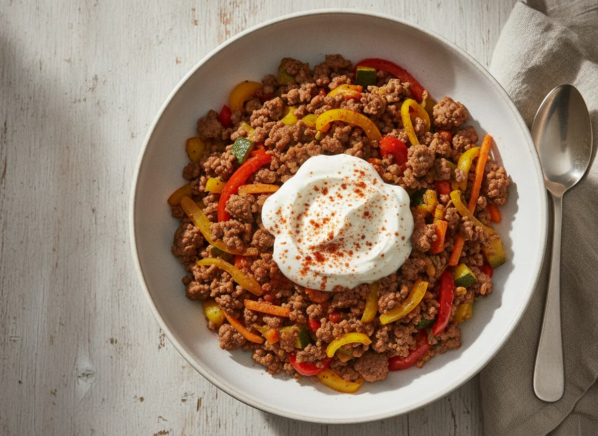 Hackfleisch-Gemüse-Bowl mit Sauerrahm photo