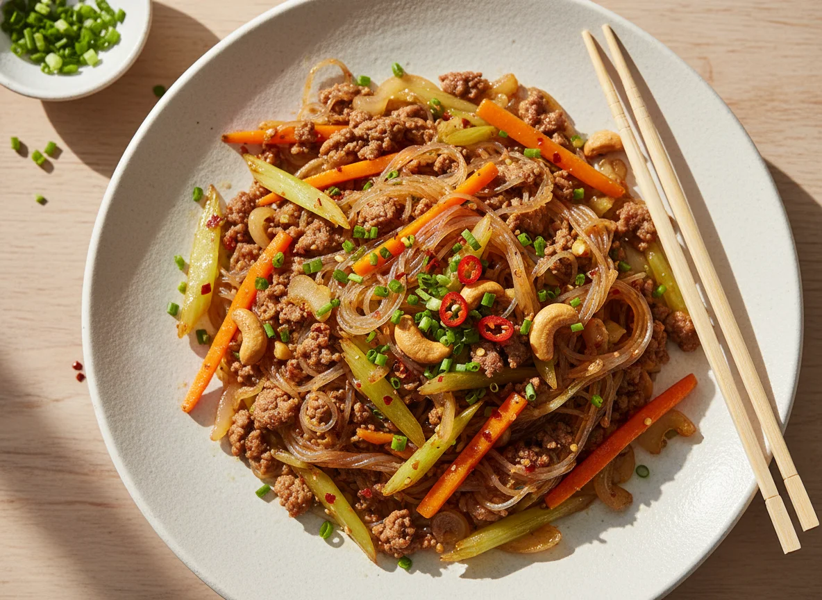 Hackfleisch-Gemüse-Glasnudelpfanne photo