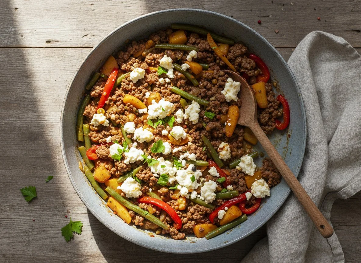 Hackfleisch-Gemüse-Pfanne mit Feta photo
