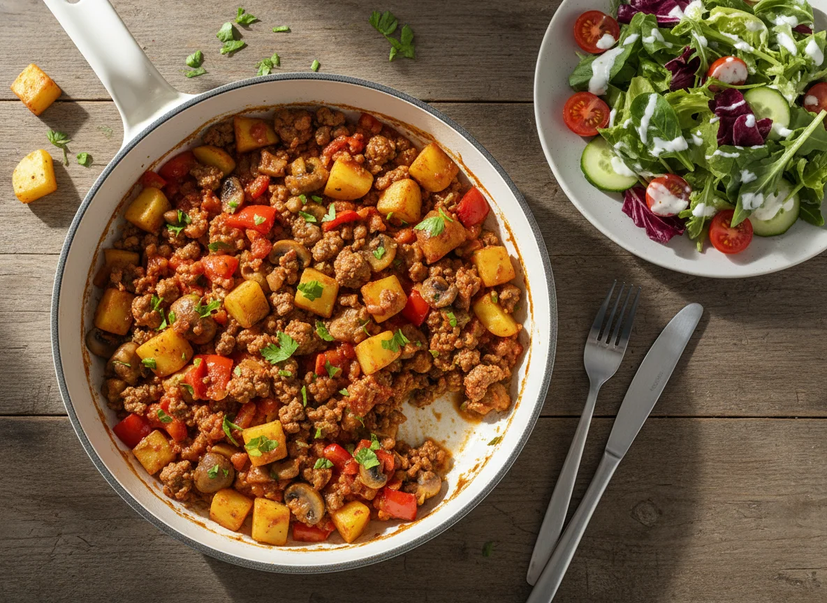 Hackfleisch-Gemüse-Pfanne mit Kartoffeln und Salat photo