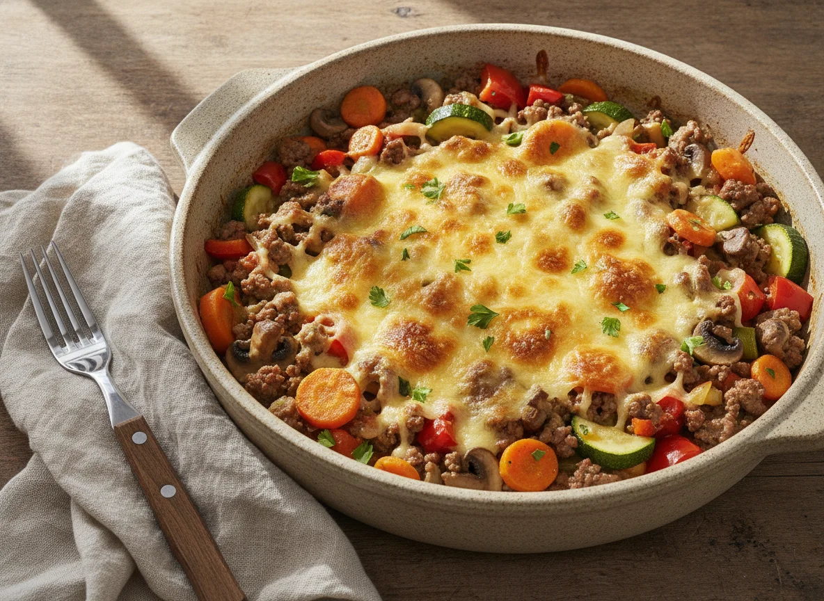 Hackfleisch-Gemüse-Pfanne mit Käse photo