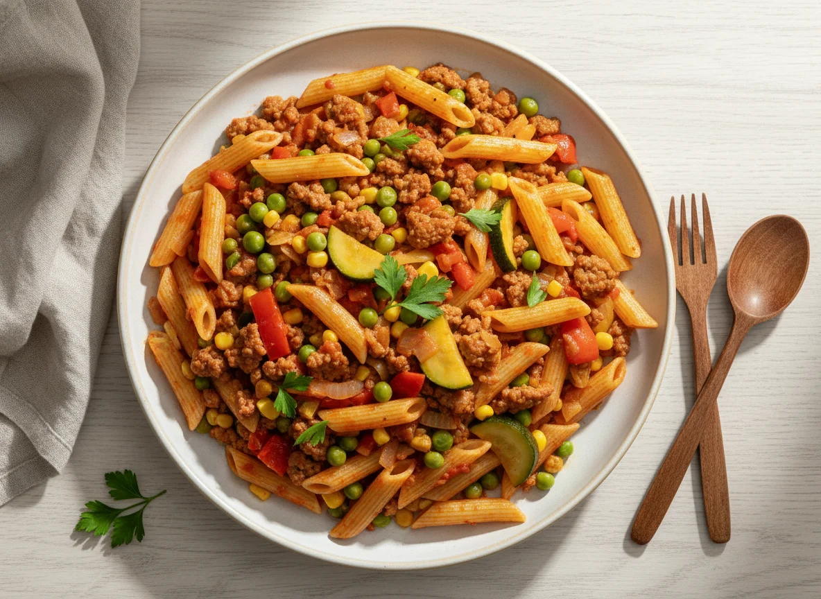 Hackfleisch-Gemüse-Pfanne mit Nudeln photo