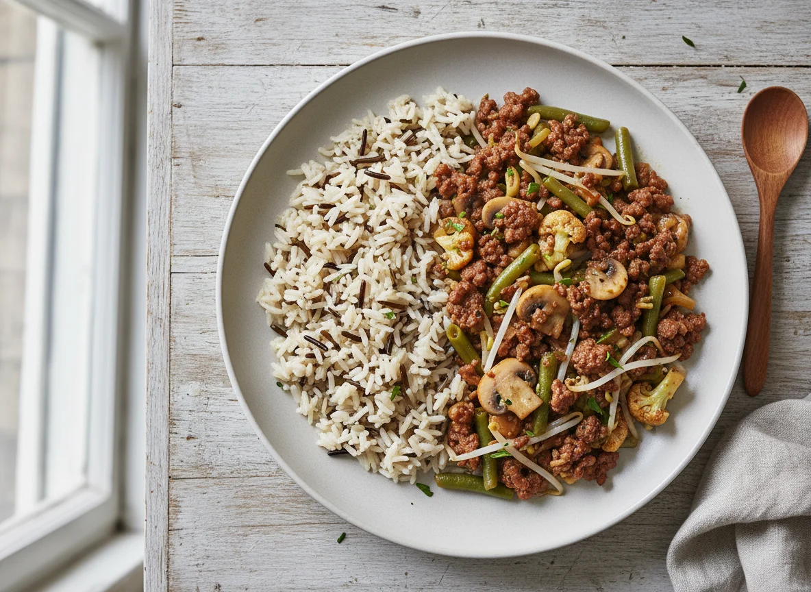Hackfleisch-Gemüse-Pfanne mit Reis photo