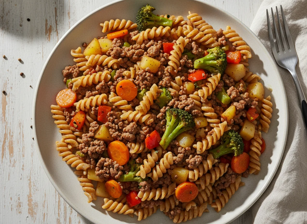 Hackfleisch-Gemüse-Pfanne mit Vollkornnudeln photo