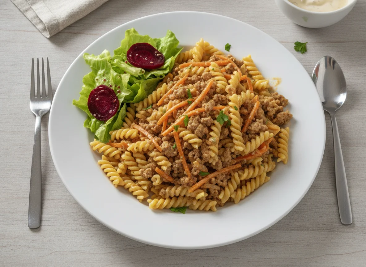 Hackfleisch-Karotten-Pfanne mit Nudeln und Salat photo