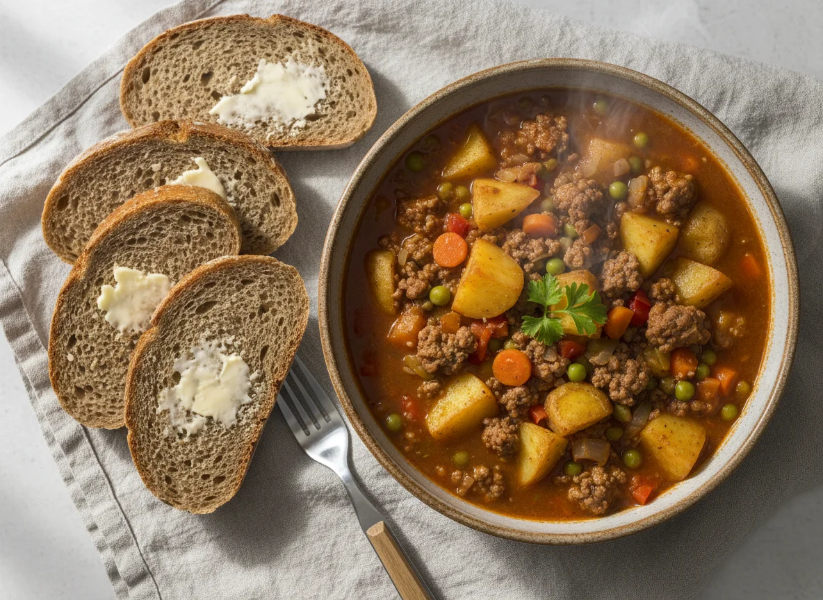 Hackfleisch-Kartoffel-Eintopf mit Brot photo