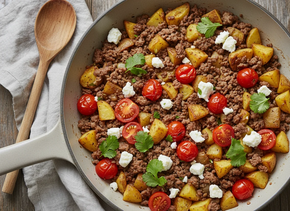 Hackfleisch-Kartoffel-Pfanne mit Feta und Tomaten photo