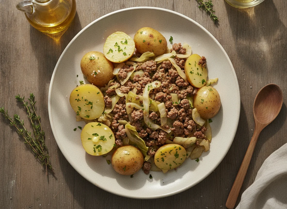 Hackfleisch-Kohl-Pfanne mit Salzkartoffeln photo