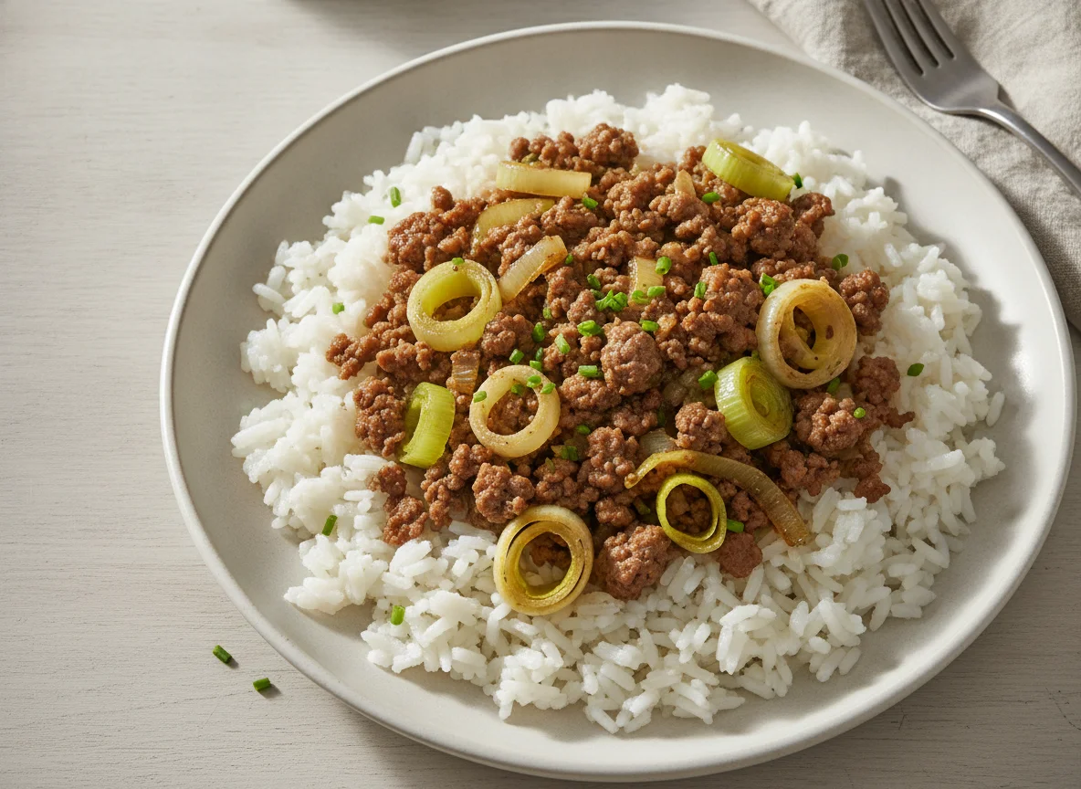 Hackfleisch-Lauch-Pfanne mit Reis photo